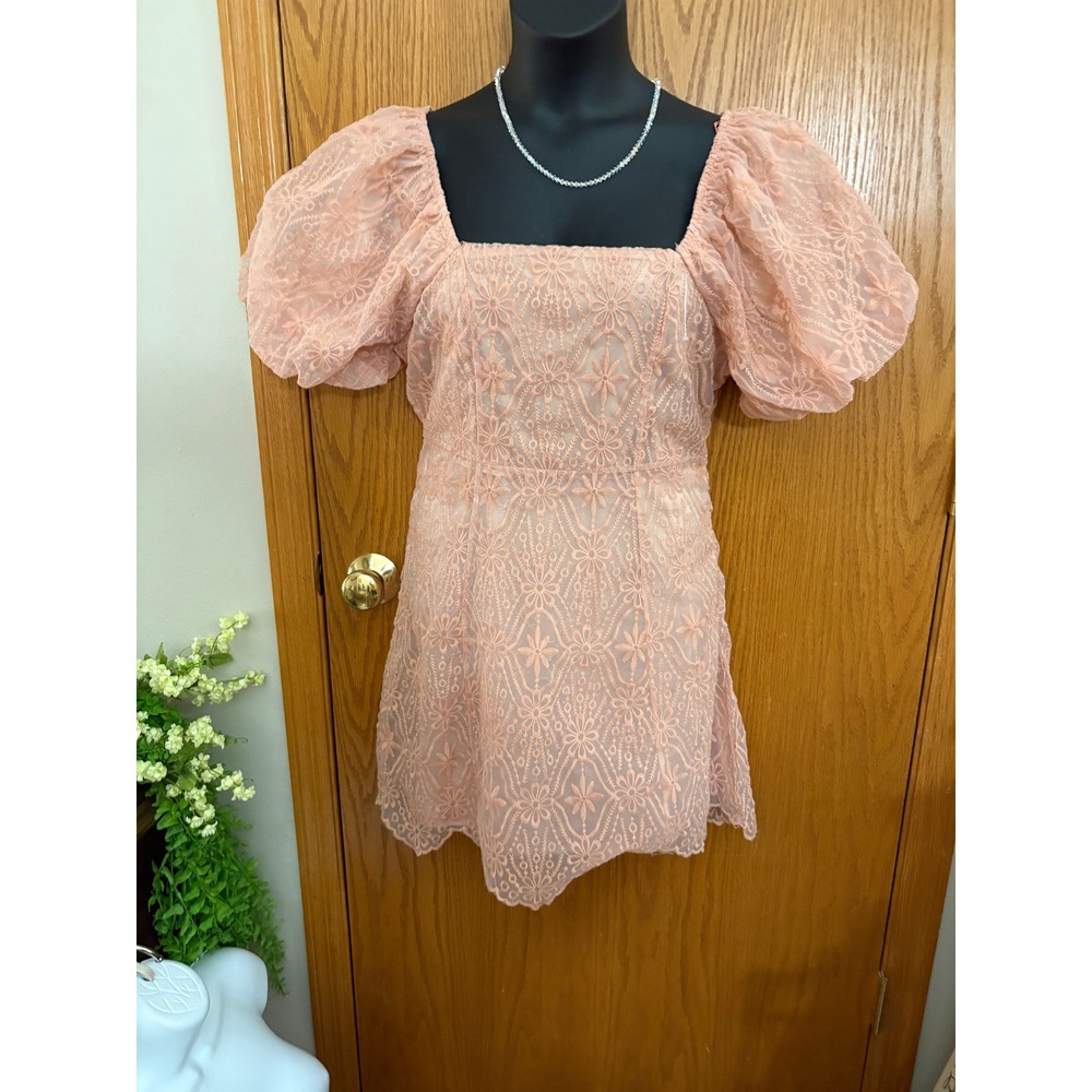 Very J Peach Pink Floral Lace Puff Sleeve Mini Dress Square Neck VD33883 L